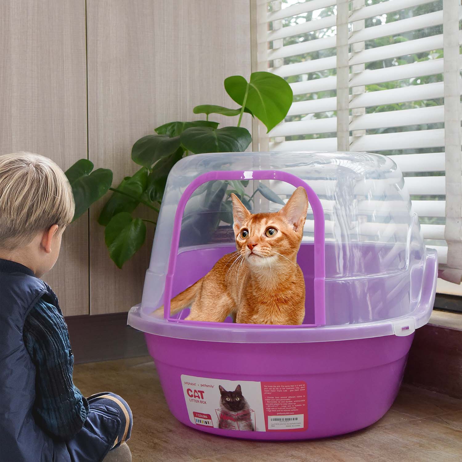 Petfamily Modern Design Jumbo Hooded Clear Cat Litter Box With Lid