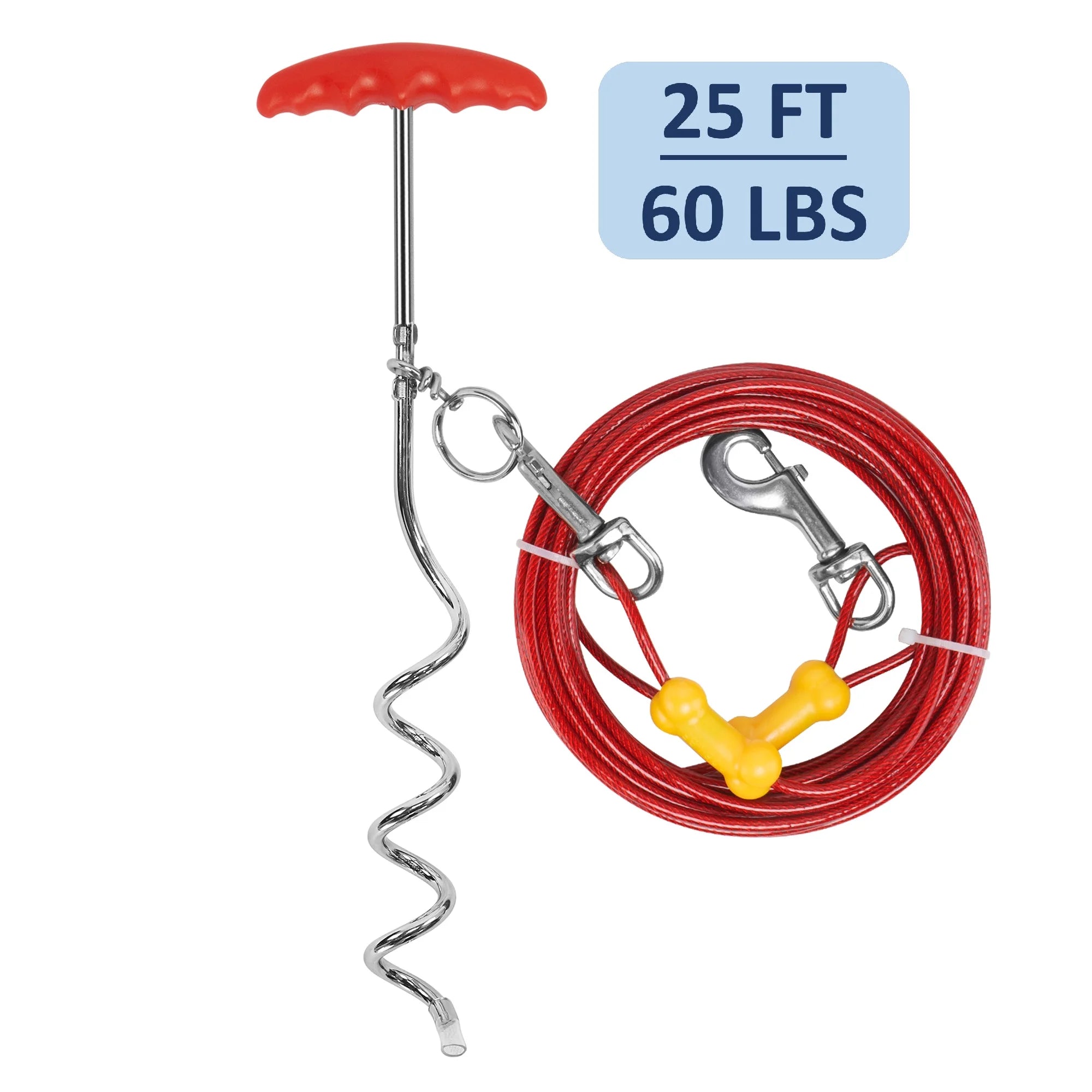 Petfamily Dog Stake and Tie Out Cable, Small to Medium Dogs, Red, 25FT 60LBS